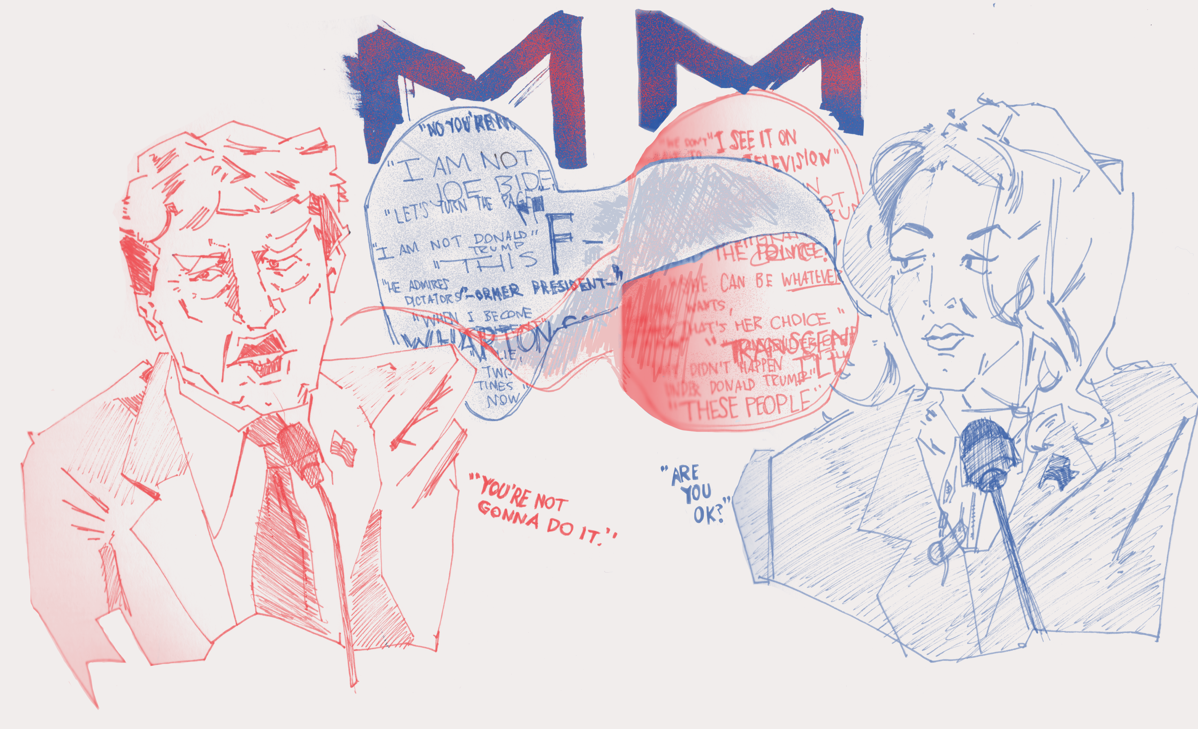 Illustration of Trump and Harris after their first Presidental Debate for the WashU Student Life newspaper.